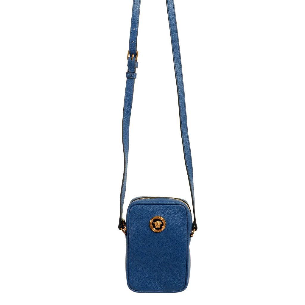 Versace Blue 100% Grainy Leather Medusa Logo Mini Crossbody Shoulder Bag